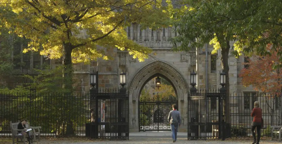 Students walking on the Yale University campus.