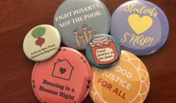 Buttons produced by OSU students to destigmatize food insecurity on the University's campus.