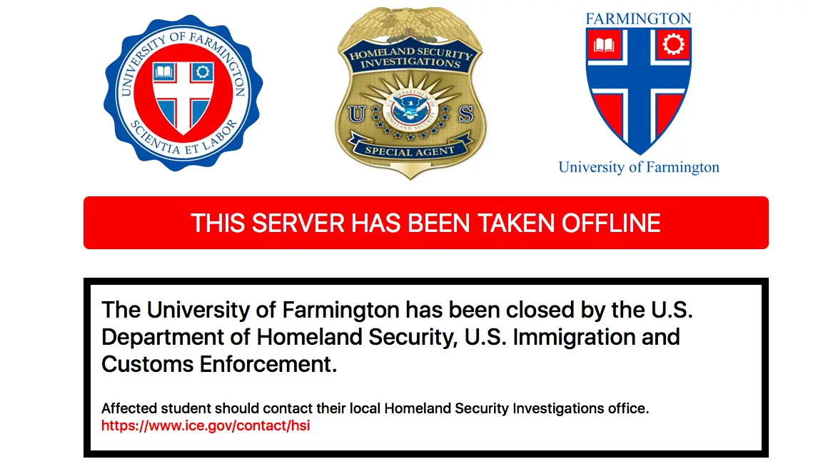 A screenshot of the University of Farmington website after federal agents arrested students and recruiters on Jan. 30. Photo: University of Farmington Website.