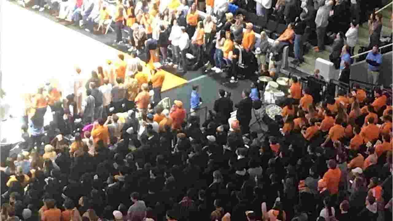 Students protest during the National Anthem before Tennessee's home finale against Mississippi State at Thompson-Boling Arena in Knoxville on Tuesday, March 5, 2019.