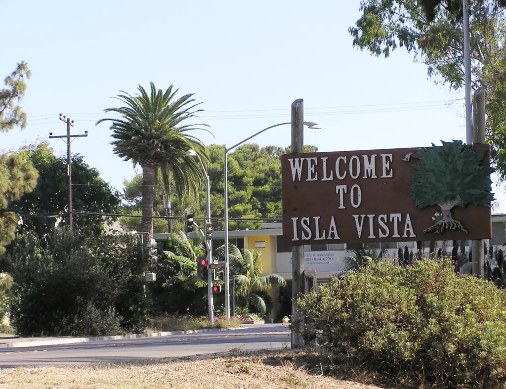 A sign welcoming individuals to the Isla Vista community, the site of the annual "Deltopia" event.