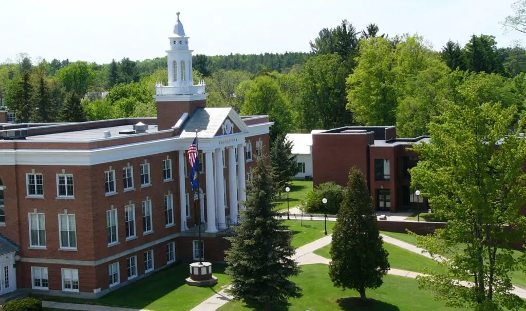 An aerial view of a building at Castleton University.