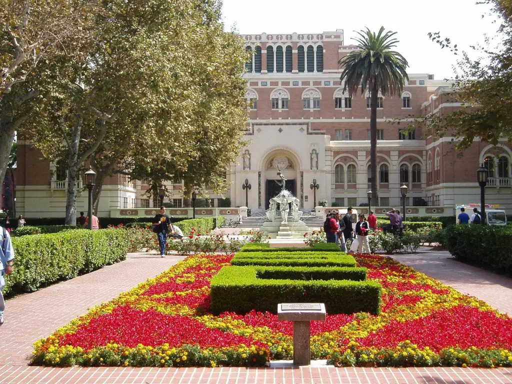 Doheny Library and gardens with fountain — at the University of Southern California.