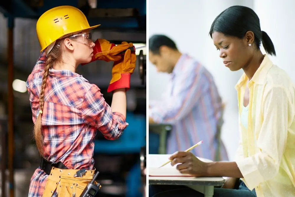 split-photo-of-girl-studying-at-college-vs-girl-doing-construction-work-at-trade-school