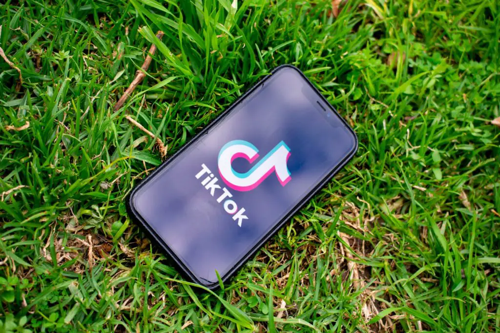 Photo of an iPhone laying in grass displaying the TikTok app