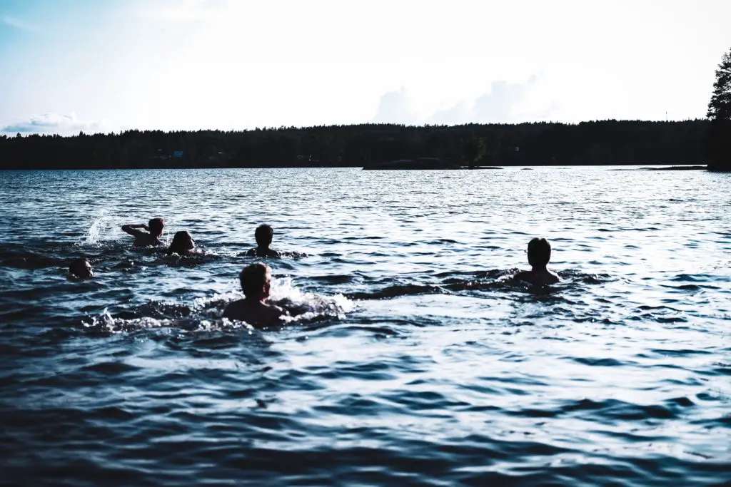 People swimming in a body of water.