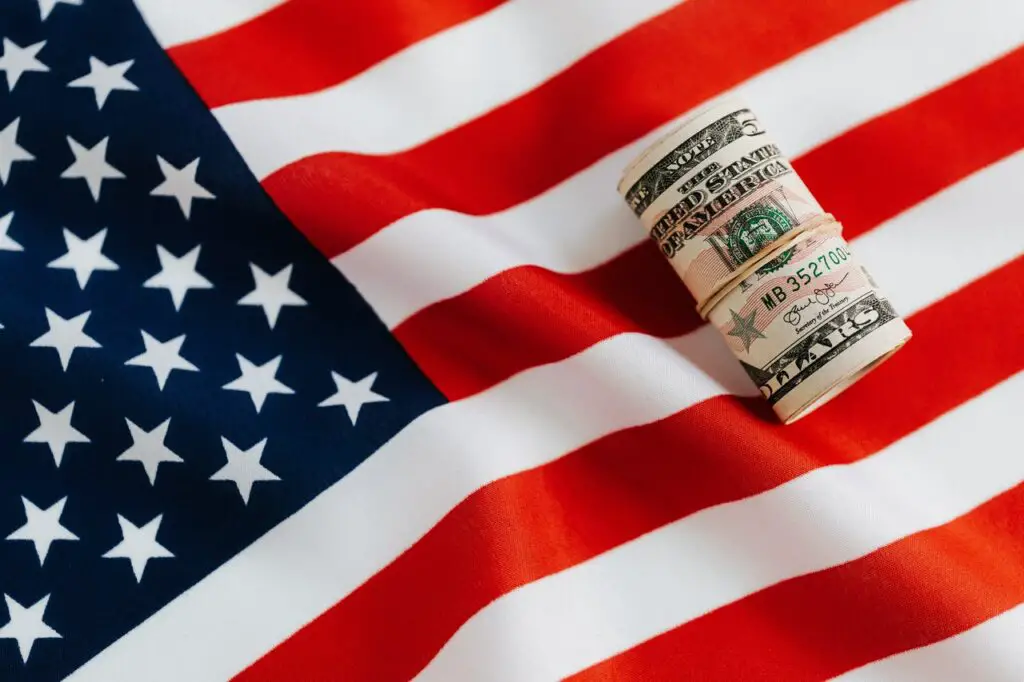 Photo of a US flag with dollars on it