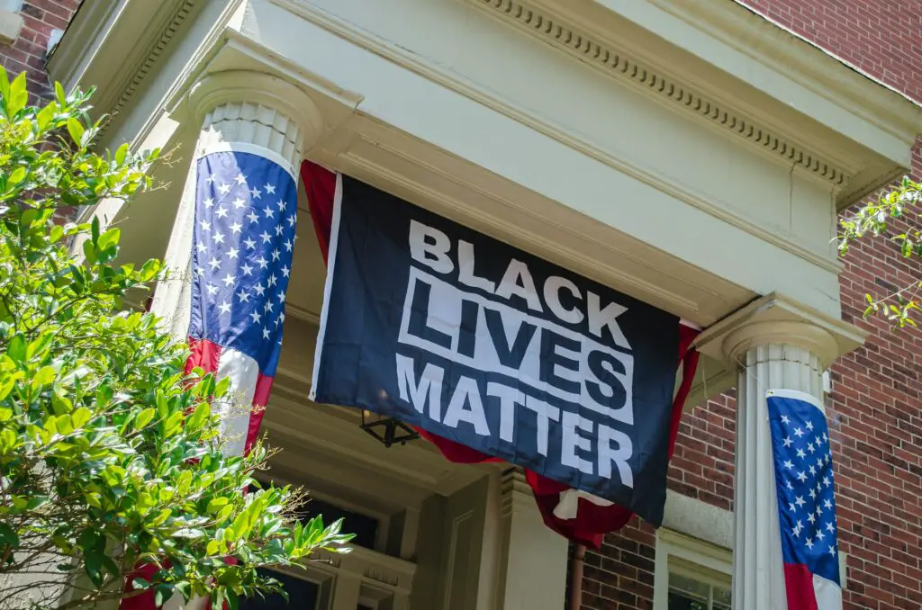 Photo of a Black Lives Matter flag against racism in the United States