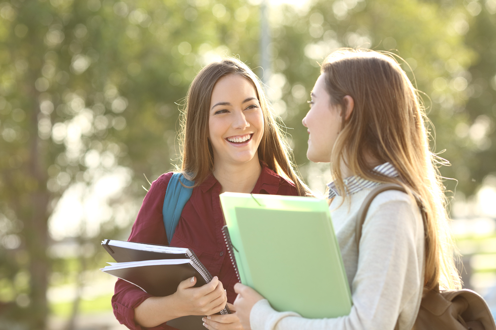 Two happy students walking and talking each other in a campus