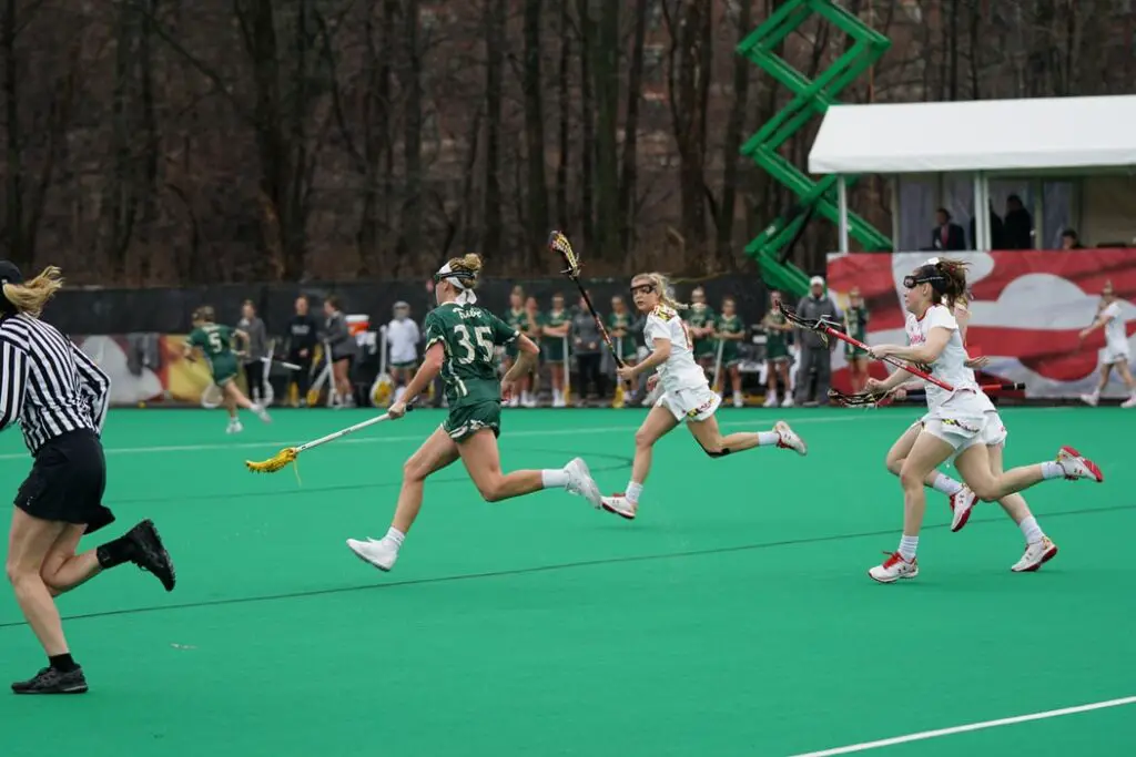 Female lacrosse players on the field