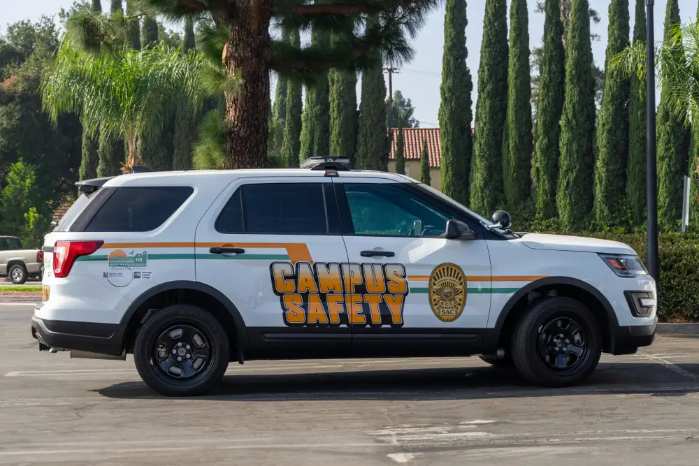Campus security vehicle for Rancho Santiago Community College District parked at district office in Santa Ana, California