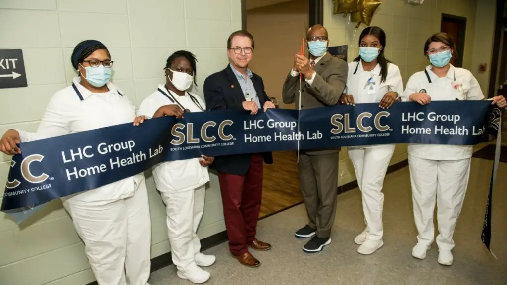 Students and administrators of South Louisiana Community College lead the opening of new Home Health Training Laboratory.