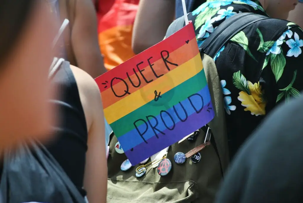 A "Queer and Proud" flag from a pride parade in Geneva, Swizerland