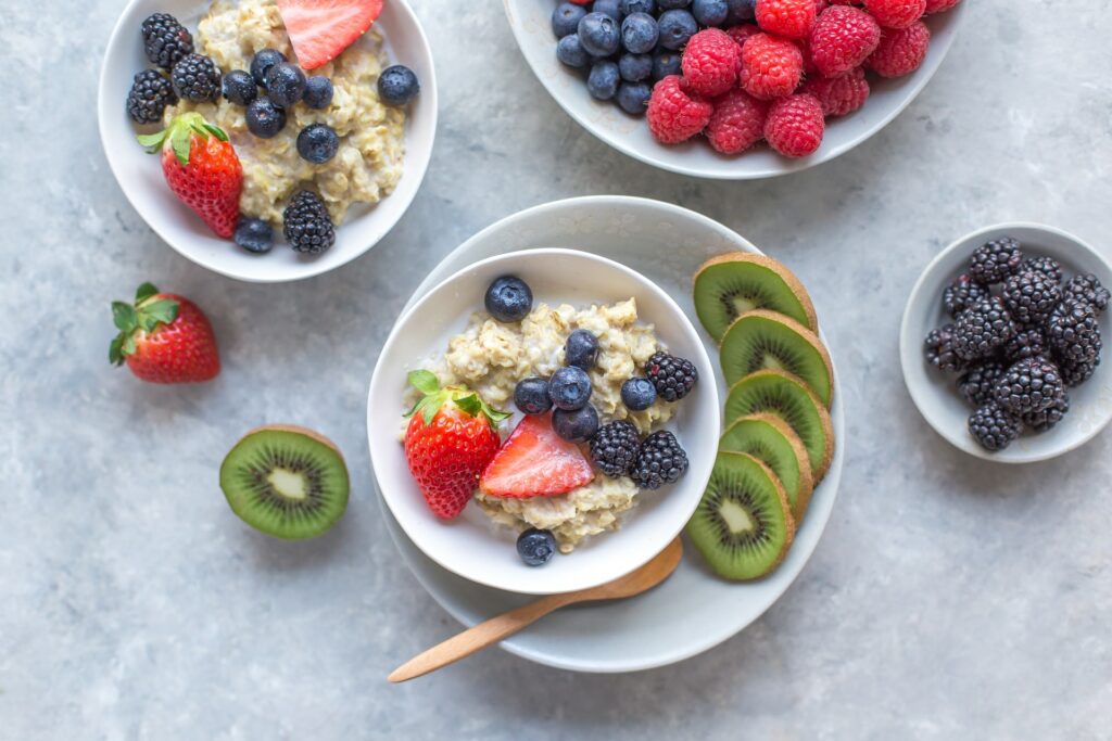 top-down-shot-of-porridge-and-fruit-in-bowl