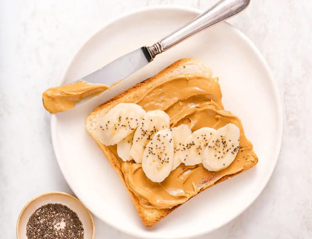 top down view of peanut butter and bananas on toast as a study snack