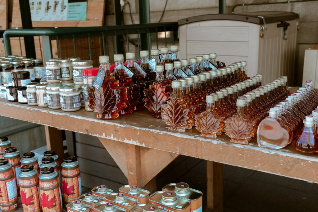 Maple syrup bottles displayed