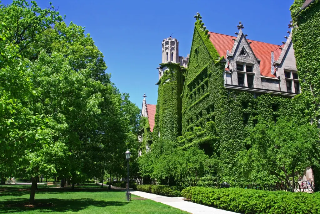 Ivy clad halls against blue sky of the University of Chicago campus