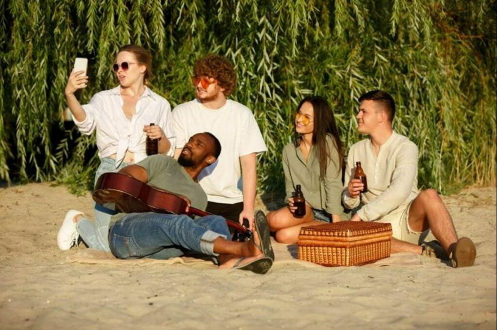 Friends take a selfie on the beach