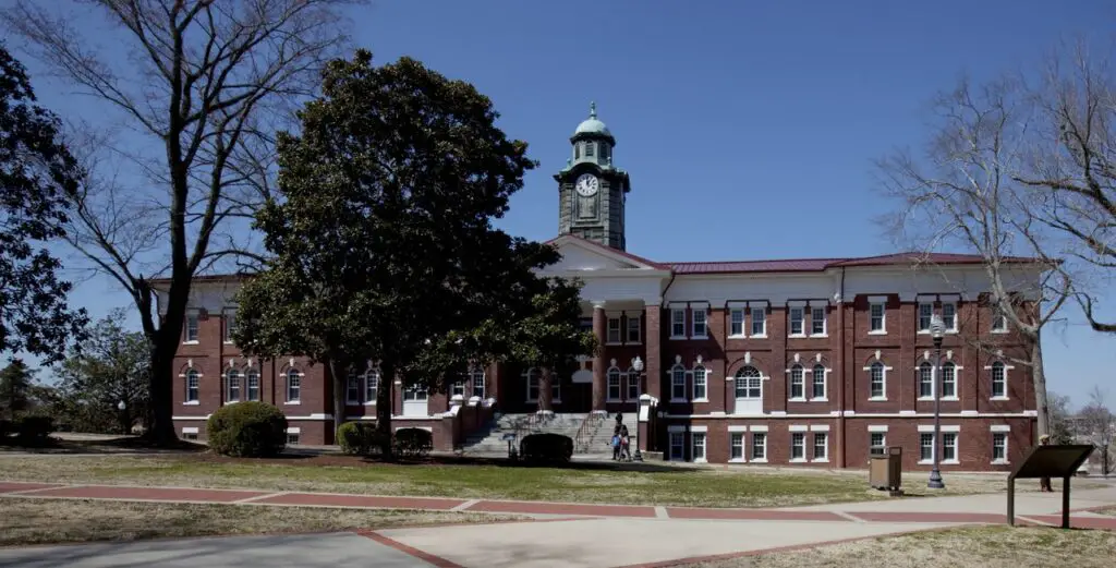 Panorama of the historic White Hall building at Tuskegee University