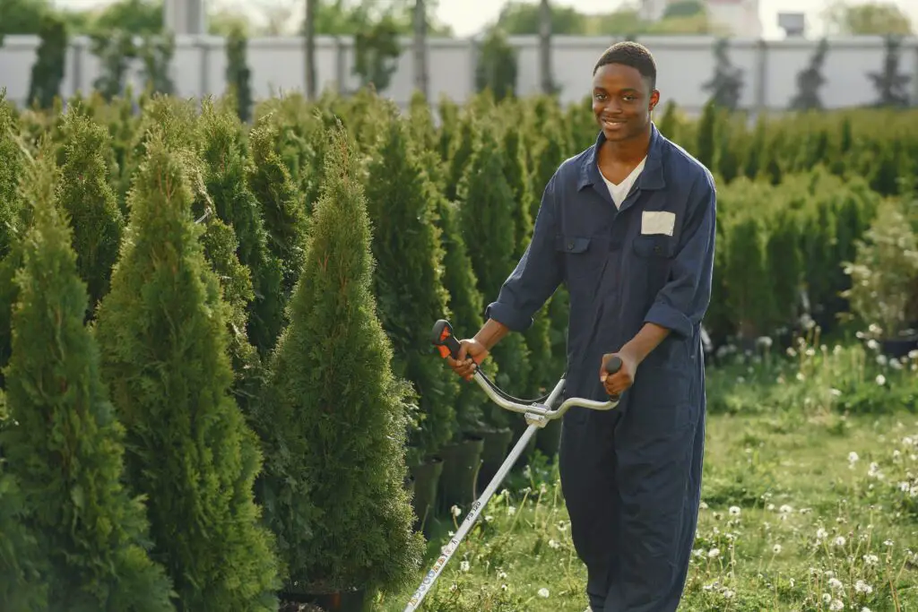 smiling-african-american-male-landscaper-mowing-grass-during-summer-job