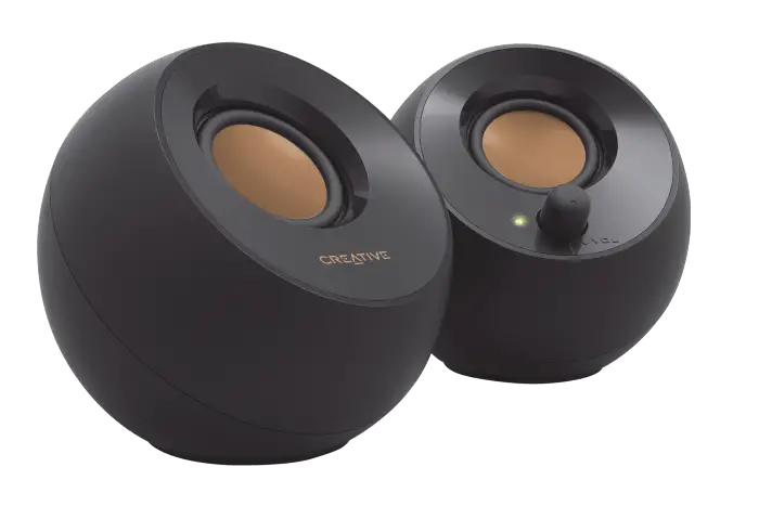 A pair of black Creative Pebble 2.0 speakers 