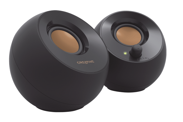 A pair of black Creative Pebble 2.0 speakers 