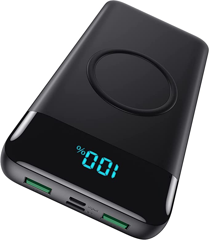 Black FOCHEW portable charger with 100% battery percentage on LED screen  a great tech gadget for college students