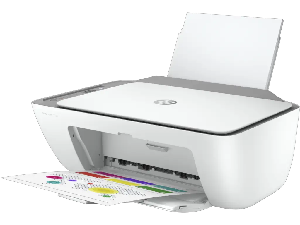 White HP DeskJet 2755e wireless printer with colored printout  a great tech gadget for college students
