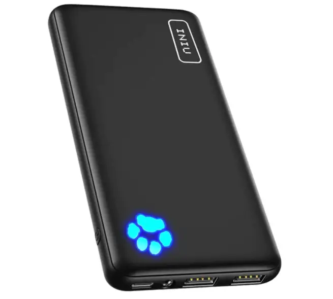 INIU 10000mAh black Portable Charger with a bright blue pawprint screen