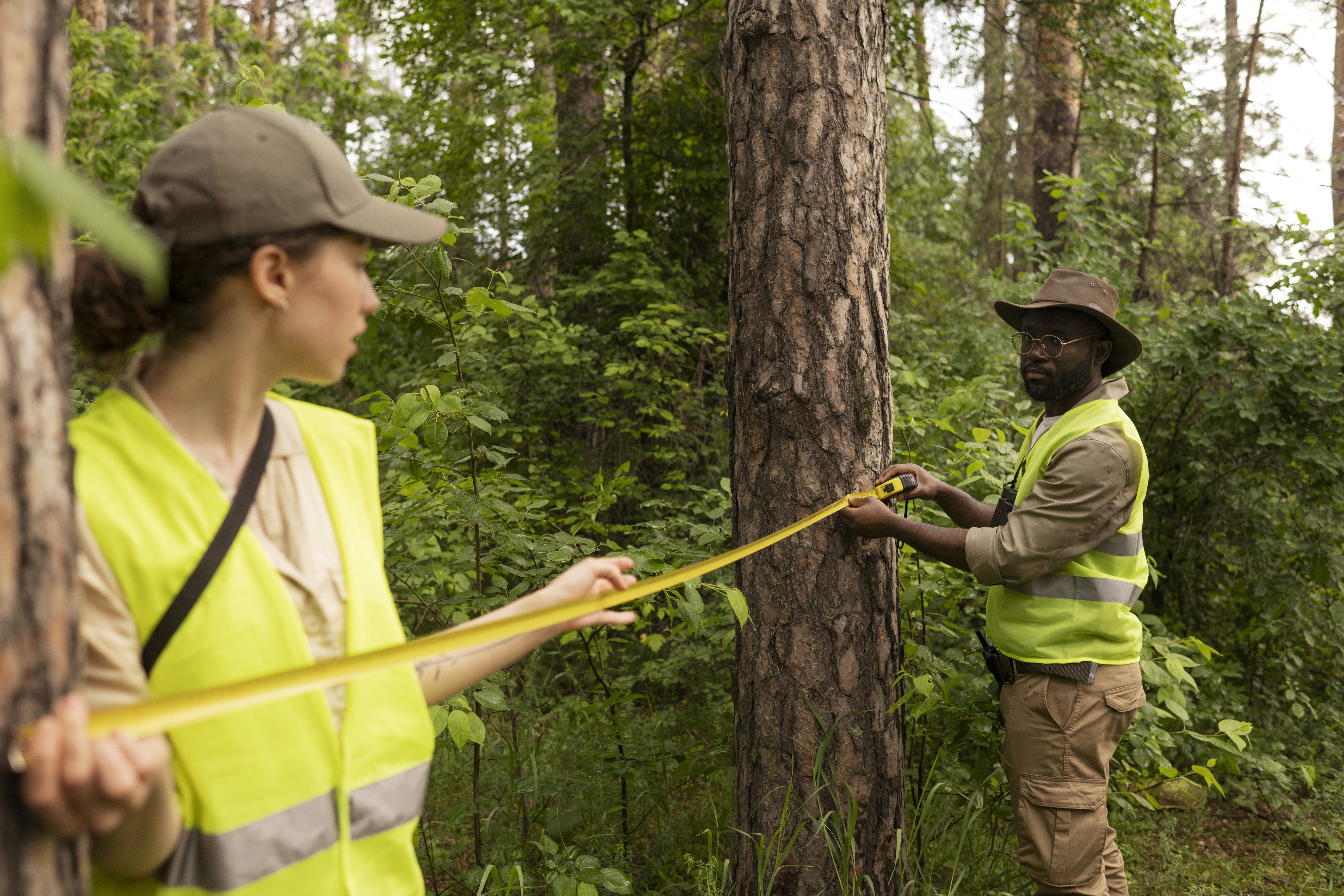 Two forestry students measuring the distance between trees 