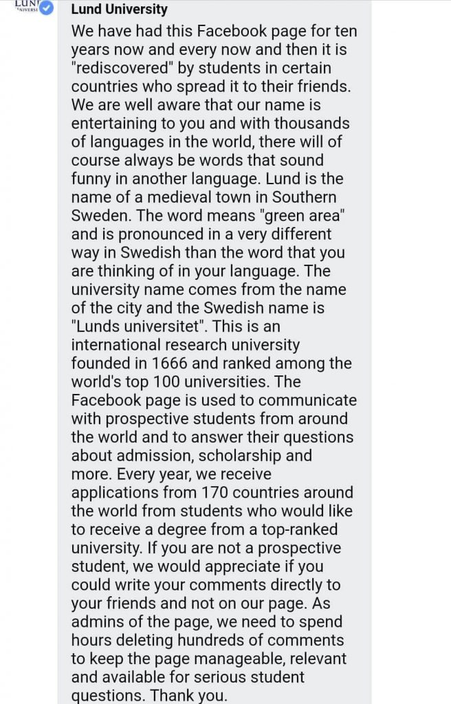 Screenshot of Lund University's Facebook comment about Indian trolls making fun of its name