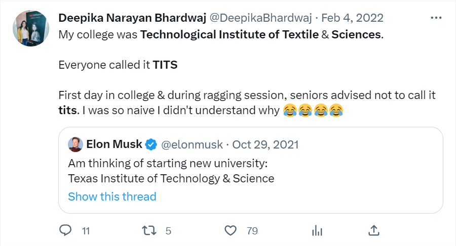 Screenshot of a tweet about the Technological Institute of Textiles and Science (TITS)