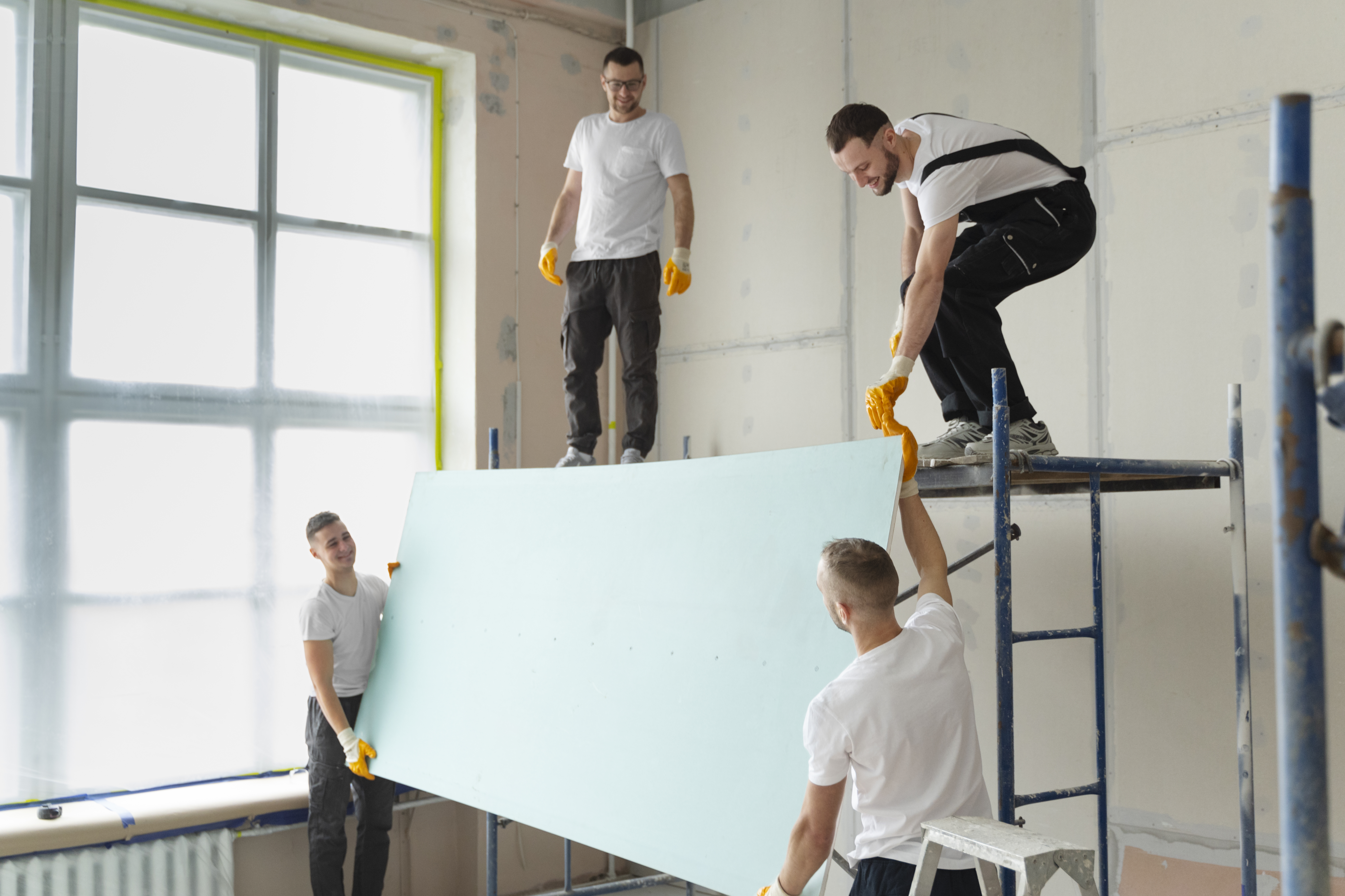 Four male college students dressed in casual clothes are helping build a home as part of volunteering opportunities at college