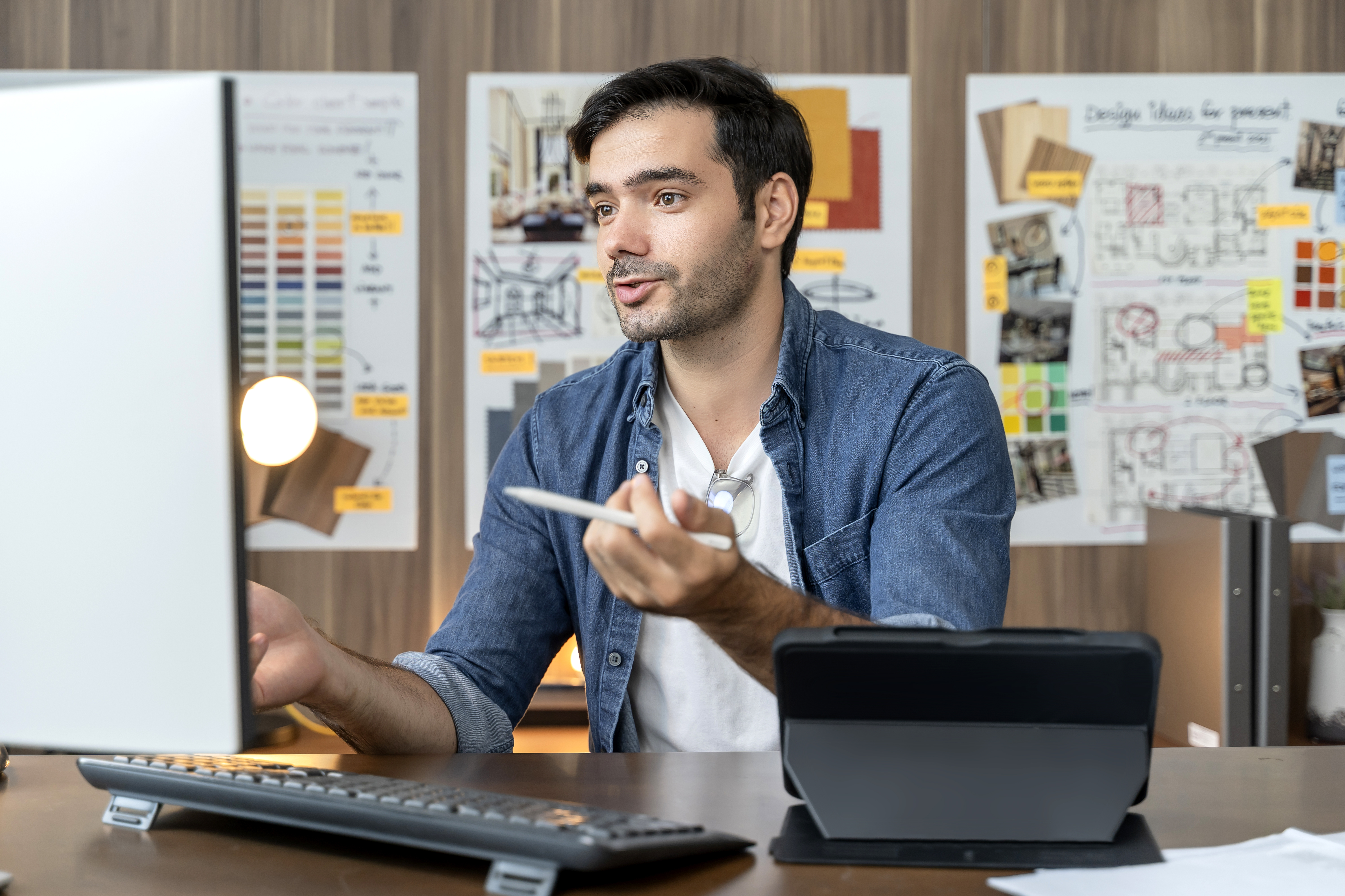 A mixed-race male project assistant explains the project details to his teammates via conference call
