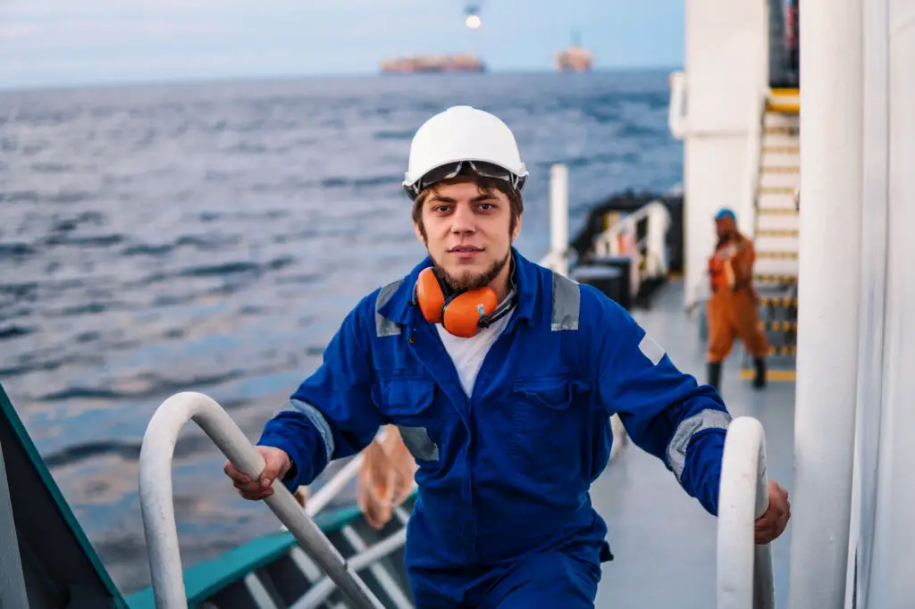 A male marine deck officer wearing a helmet and coverall while climbing the ship ladder