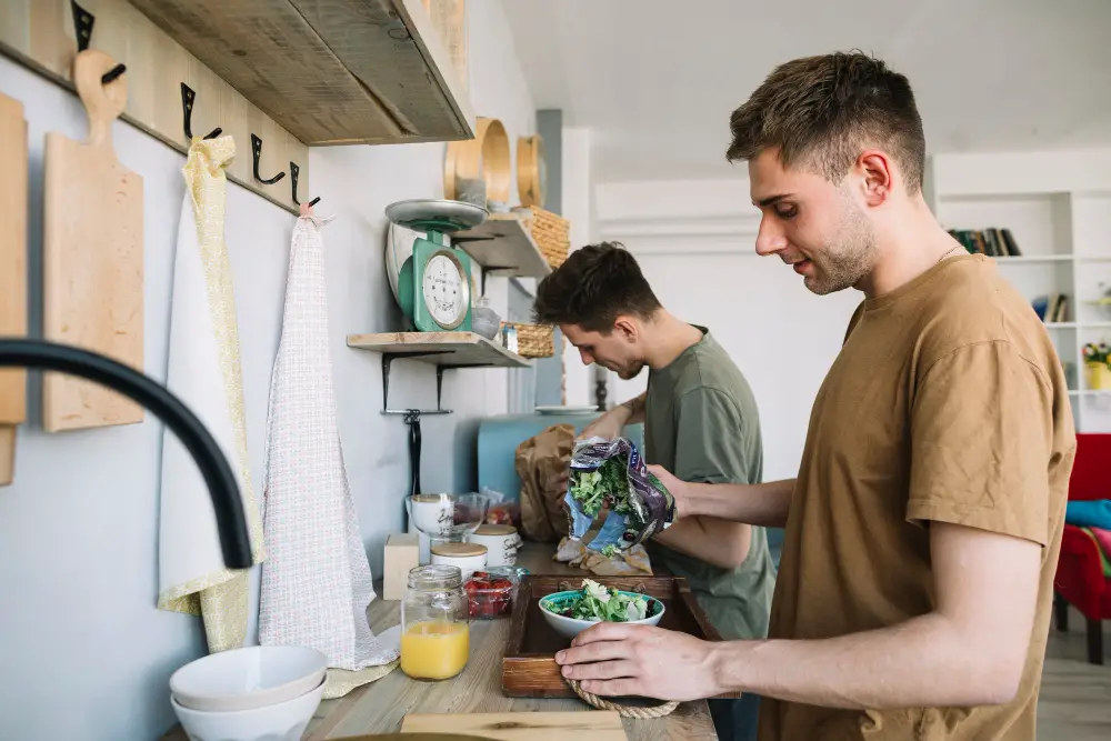 Two Caucasian male college dormmates prepare salad and juice in their shared kitchen to save up on food expenses