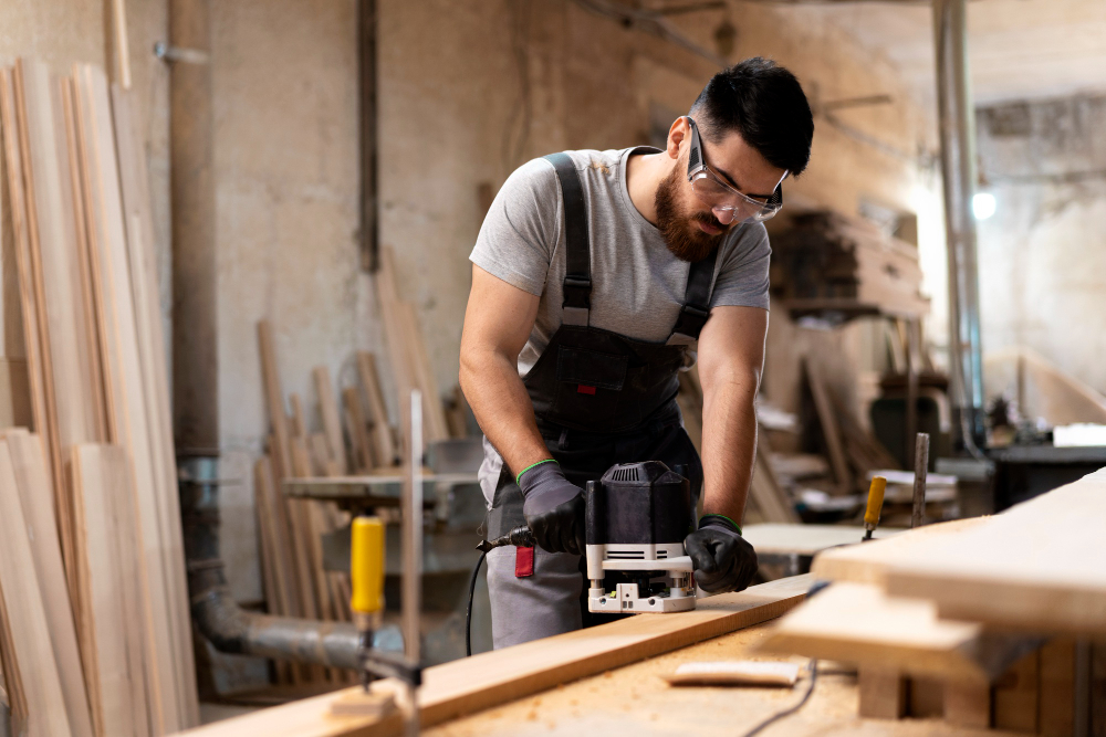 A male carpenter measures and cuts a block of wood in a shop while wearing protective gloves and glasses 
