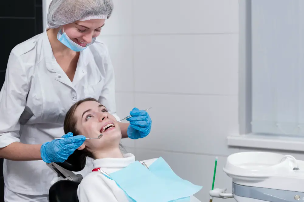 A female dental hygienist checks a female patient's teeth for plaque and tartar 