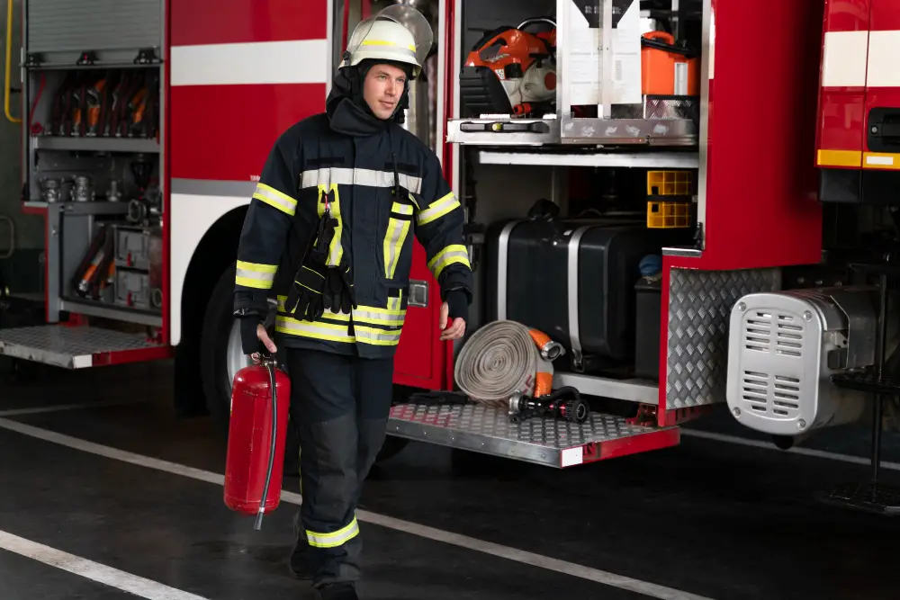 A male firefighter carries a fire extinguisher as part of the emergency preparations in the fire station 