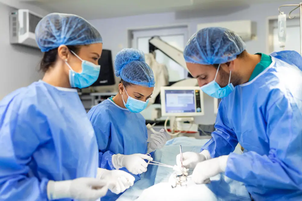 Two female surgical technologists assist a surgeon during an operation 