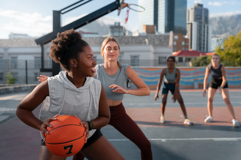 A grinning African-American female college student prepares to pass the basketball to her teammates on the outdoor court