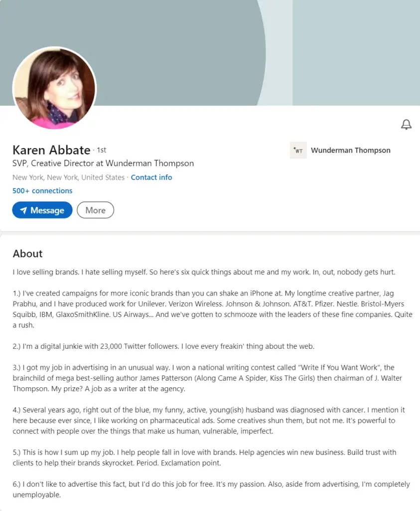 A screenshot of Karen Abbate's LinkedIn About section