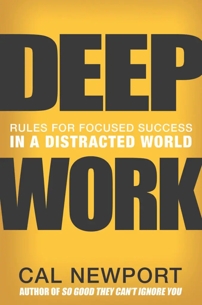A yellow cover of Cal Newport's book entitled, "Deep Work: Rules for Focused Success in a Distracted World"