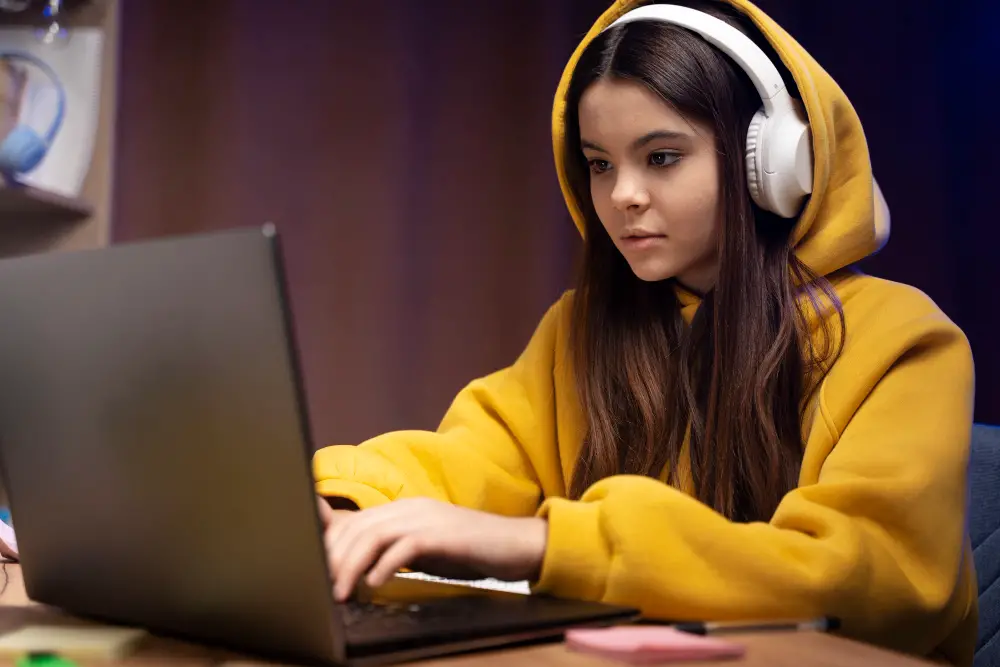 A female brunette freshman takes a game design class online