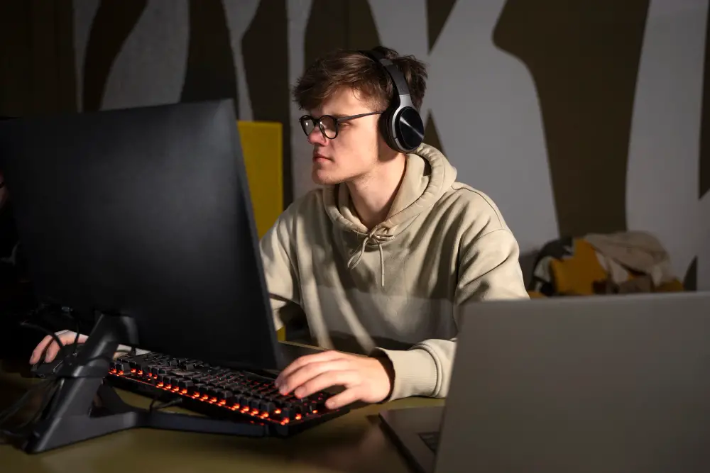 A male game design college student focuses on his computer while programming a game