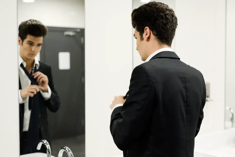 A male college student fixing his tie in front of the bathroom mirror for his internship interview
