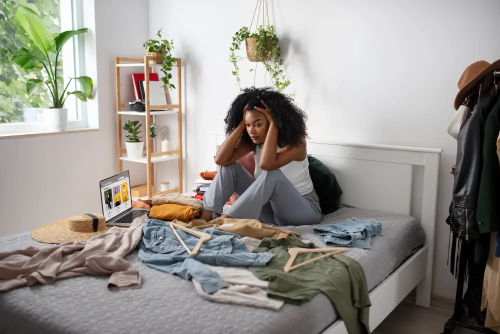 An African-American female first-generation college student holding her head in frustration among her clothes strewn on the bed