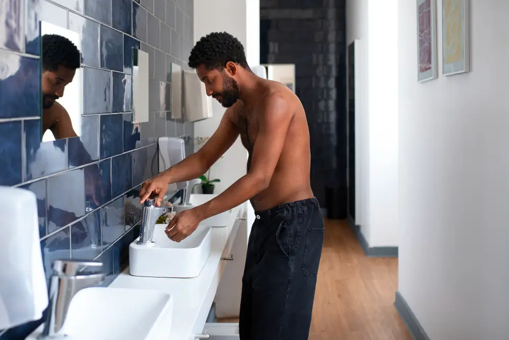 A male college student turns on the faucet to wash his hands in the shared bathroom for men
