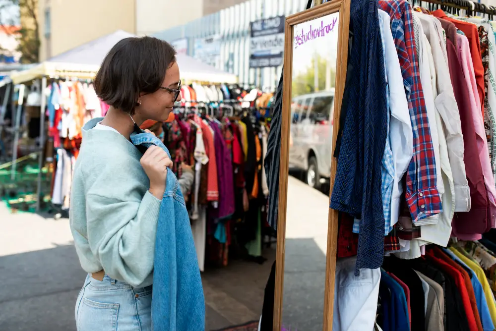 A female college student practicing green living checks out a denim jacket while thrift shopping