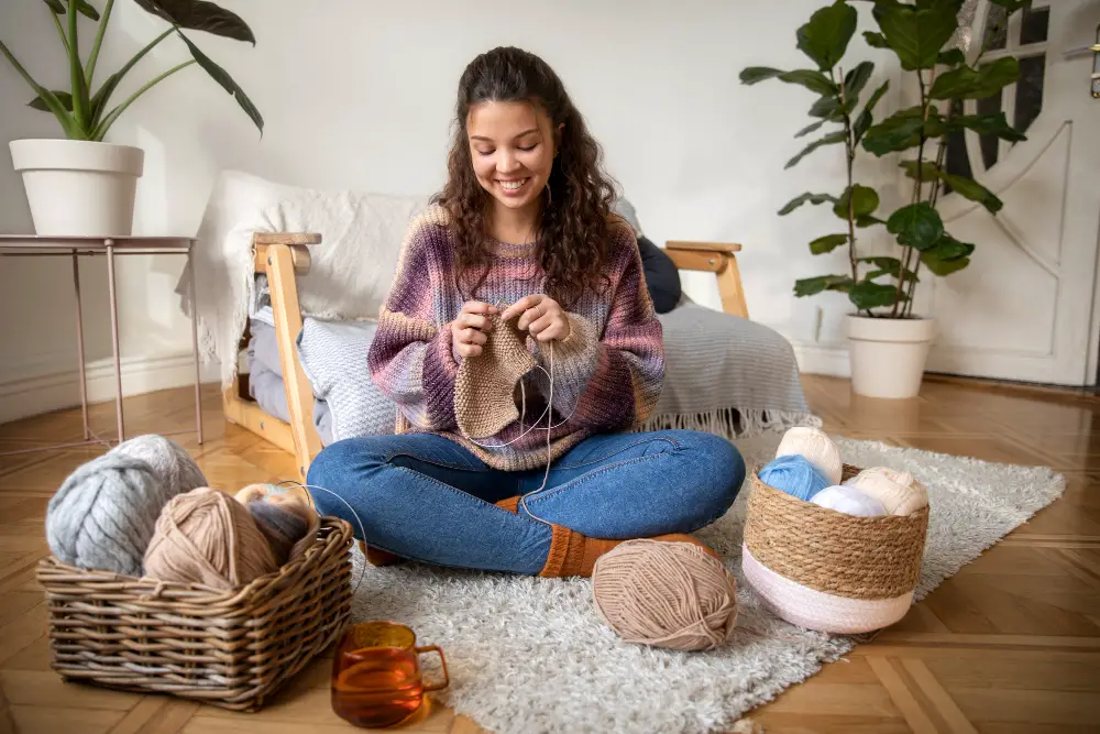 A smiling female student knits an accessory as one of her self-care tips to deal with college stress